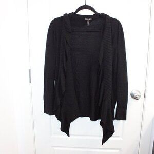 Lafayette 148 Black Open Cardigan Ruffled Front 100% Wool Size Large